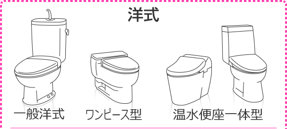 洋式：一般洋式、ワンピース型、温水便座一体型