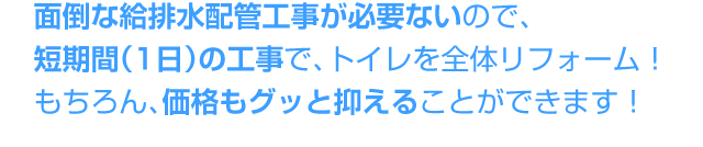 面倒な給配水管工事が必要ないので、短期間（1日）の工事で、トイレ全体をリフォーム！もちろん価格もグッと抑えることが出来ます！