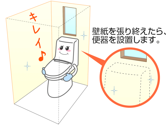 壁紙を張り終えたら、便器を設置します