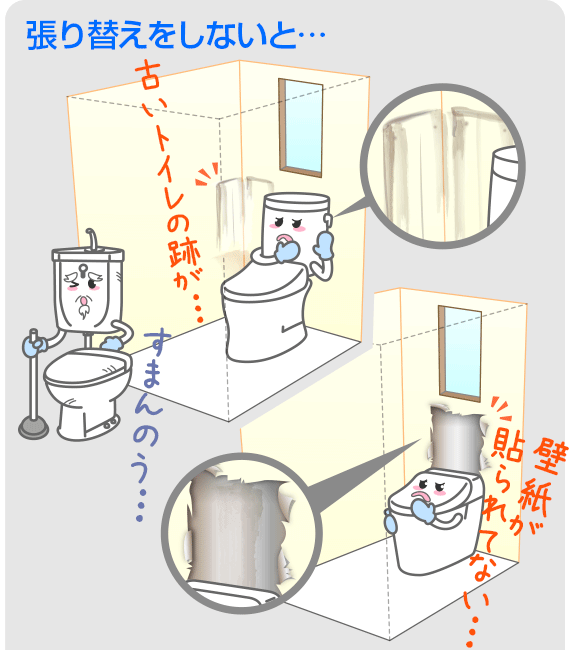 張替えをしないと、壁紙が貼られていないところが出てきてしまったり、古いトイレの跡が目立ってしまうことがあります